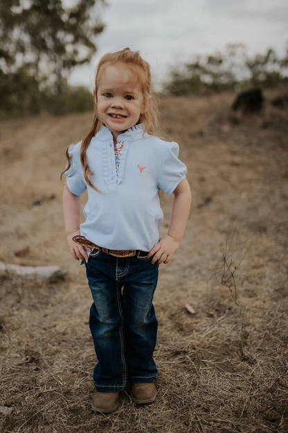 Little Windmill Clothing Co.  Girls "Alana" Ice Blue Floral Ruffle Contrast Polo