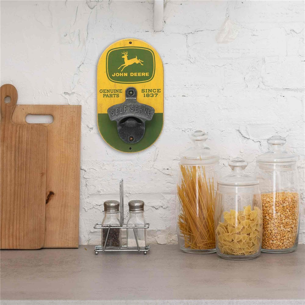 John Deere Wooden Wall Mounted Bottle Opener (10cm W x 15cmH)