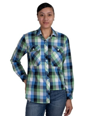 Just Country Womens Abbey Full Button Work Shirt Lime Green / Blue Plaid