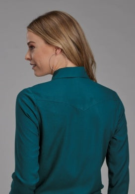 Roper Womens Studio West Collection Long Sleeve Shirt Solid Green 03-050-0565-7088