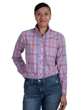 Just Country Womens Abbey Frills Full Button Print Work Shirt Dusky Pink Plaid