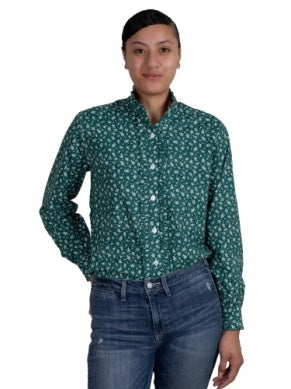 Just Country Womens Abbey Frill Full Button Workshirt Forest Green Bouquet