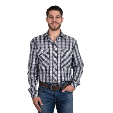 Just Country Mens Austin Full Button Workshirt Black/White Plaid