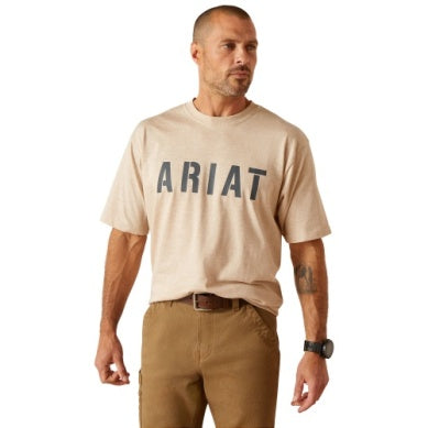 Ariat Mens Rebar Cotton Strong Block Short Sleeve T-shirt Oatmeal Heather