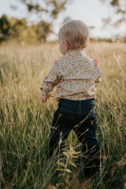 Little Windmill Clothing Co. "Penelope" Lemon Florals Long Sleeve Flutter Romper