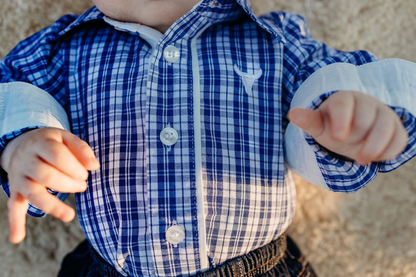 Little Windmill Clothing Co. "Charlie Jnr" Checked Blue Long Sleeve Romper