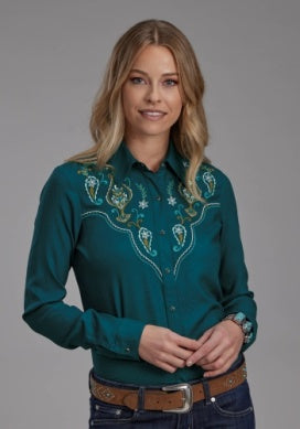 Roper Womens Studio West Collection Long Sleeve Shirt Solid Green 03-050-0565-7088