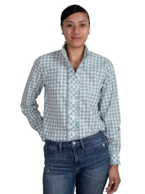 Just Country Womens Abbey Frills Full Button Dusty Turquoise Check Workshirt