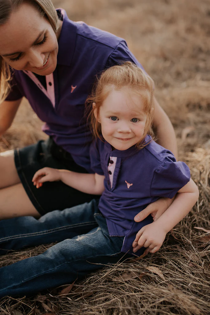 Little Windmill Clothing Co. Girls "Jodi Jnr" Purple Gingham Riffle Contrast Polo