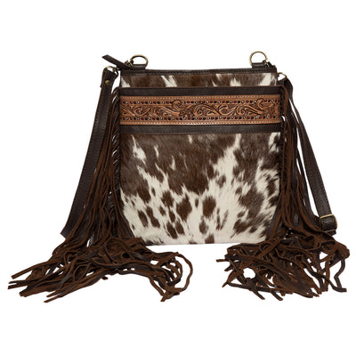 The Design Edge Hand Painted Tooling Leather Medium Sling Cowhide Bag With Fringes – AB72