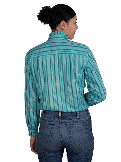 Just Country Womens Abbey Frills Full Button Turquoise Strip Long Sleeve Shirt WWLS2455