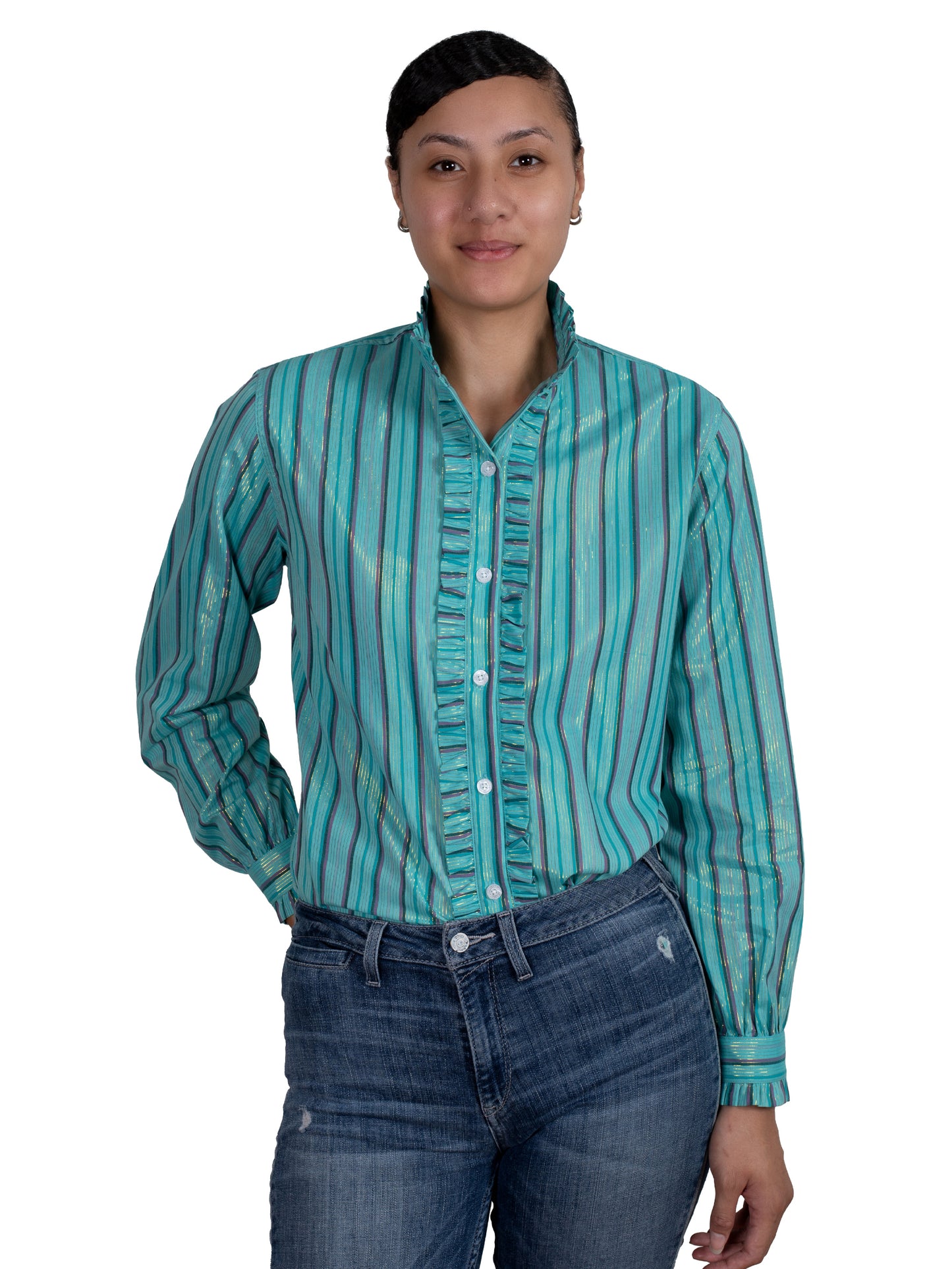 Just Country Womens Abbey Frills Full Button Turquoise Strip Long Sleeve Shirt WWLS2455