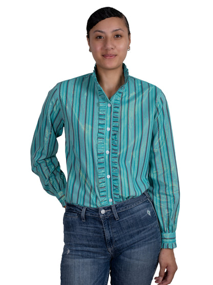 Just Country Womens Abbey Frills Full Button Turquoise Strip Long Sleeve Shirt WWLS2455