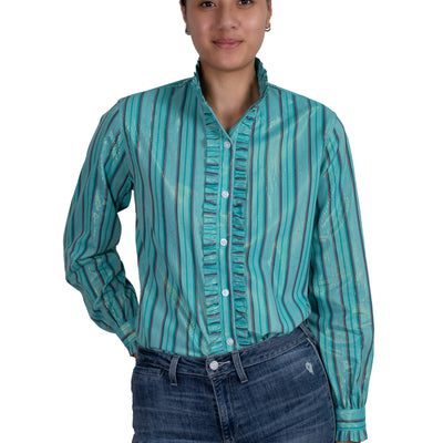 Just Country Womens Abbey Frills Full Button Turquoise Strip Long Sleeve Shirt WWLS2455