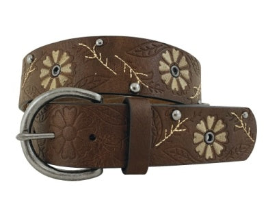 Roper Womens Belt 1.1/2" Leather Floral Embossed And Embroidery Brown 9661300-200