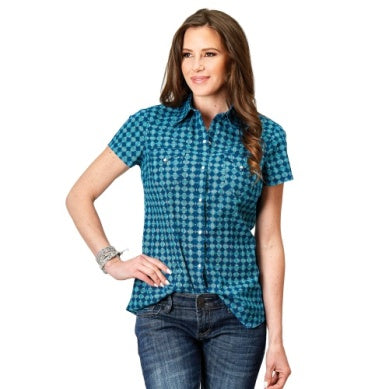 Roper Womens West Made Collection Short Sleeve Shirt Blue Print 03-051-0064-0315