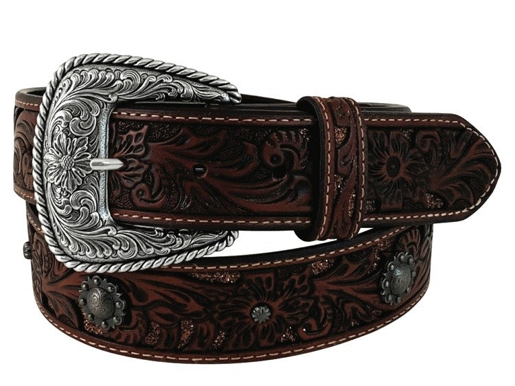 ROPER WMNS BELT 1.1/2" TOOLED LEATHER GLITTER UNDERLAY COGNAC