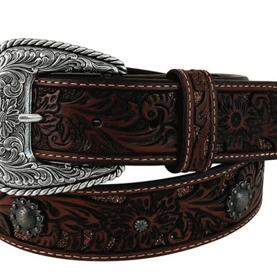 ROPER WMNS BELT 1.1/2" TOOLED LEATHER GLITTER UNDERLAY COGNAC