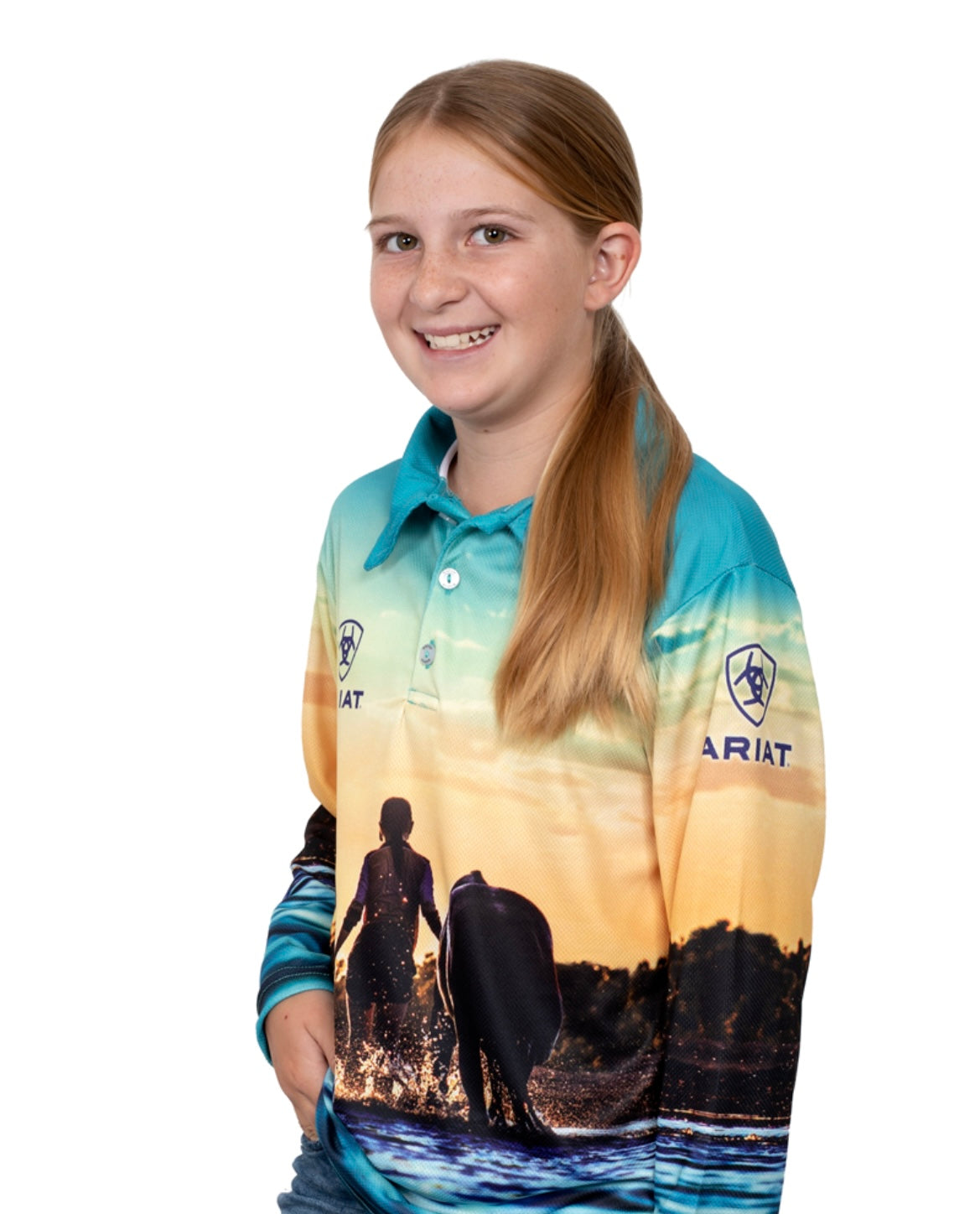 ARIAT GIRLS FISHING SHIRT WESTERN HORSES