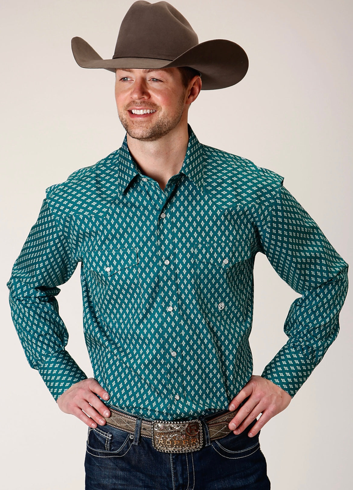 ROPER MENS LS SHIRT GREEN PRINT