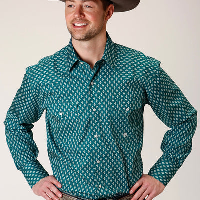 ROPER MENS LS SHIRT GREEN PRINT