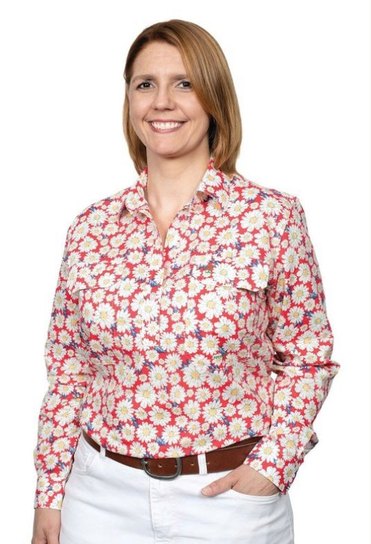 JUST COUNTRY WMNS RASPBERRY GERBERAS GEORGIE HALF BUTTON WORKSHIRT