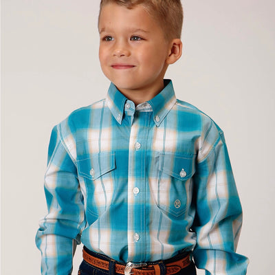 ROPER BOYS AMARILLO LS SHIRT PLAID BLUE