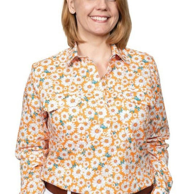 JUST COUNTRY LADIES GEORGIE SHIRT TANGERINE GERBERAS